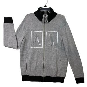 Armani Exchange Sweater Mens XL Gray Full Zip Knit Ribbed Trim Logo Jacket